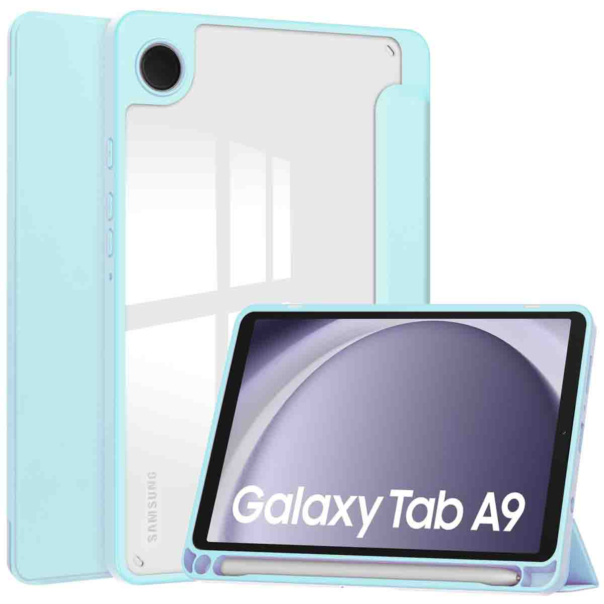 Light blue tablet case with a tablet inside. The case and tablet are on a white background. Galaxy Tab A9.