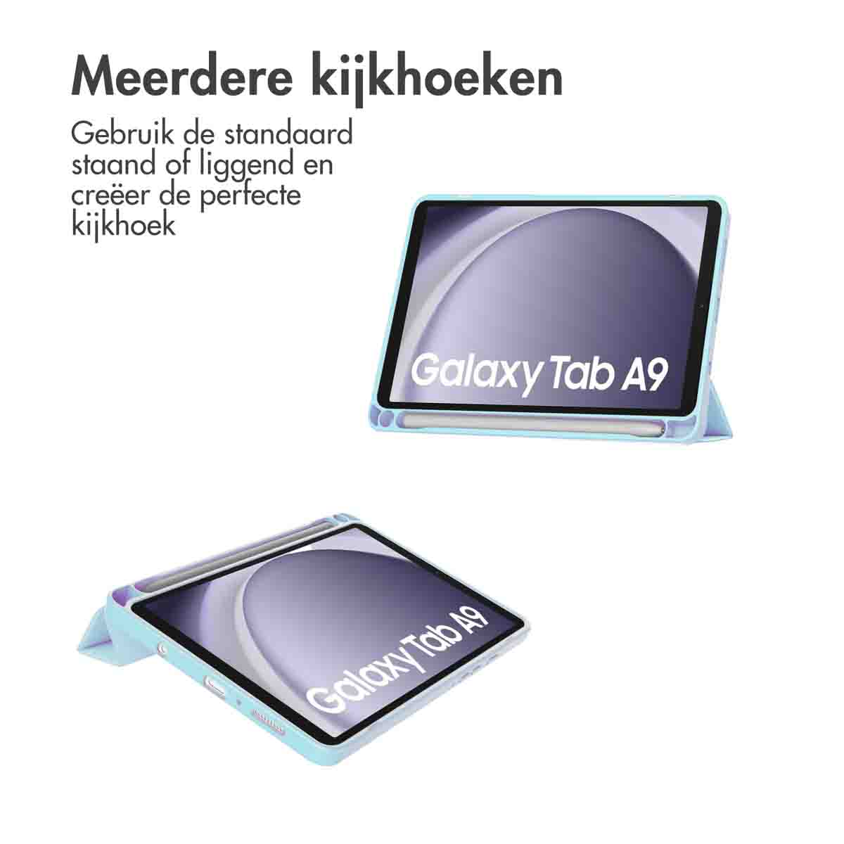 Two tablets in cases, displaying the Galaxy Tab A9 brand. One is angled, the other flat.