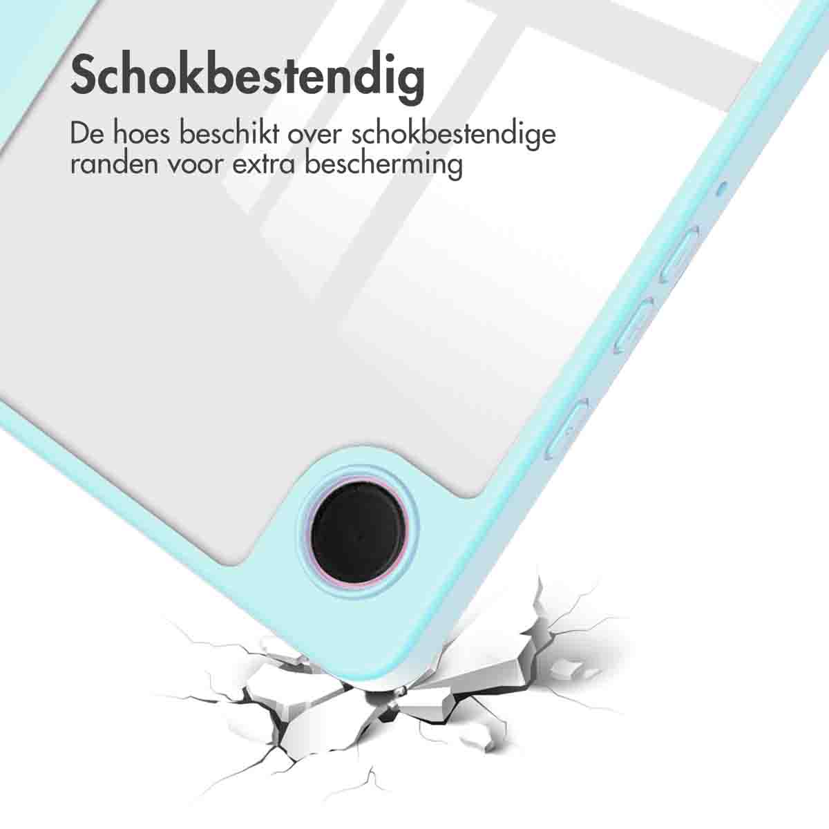 A light blue tablet case with a clear screen and cracks on the ground below it.