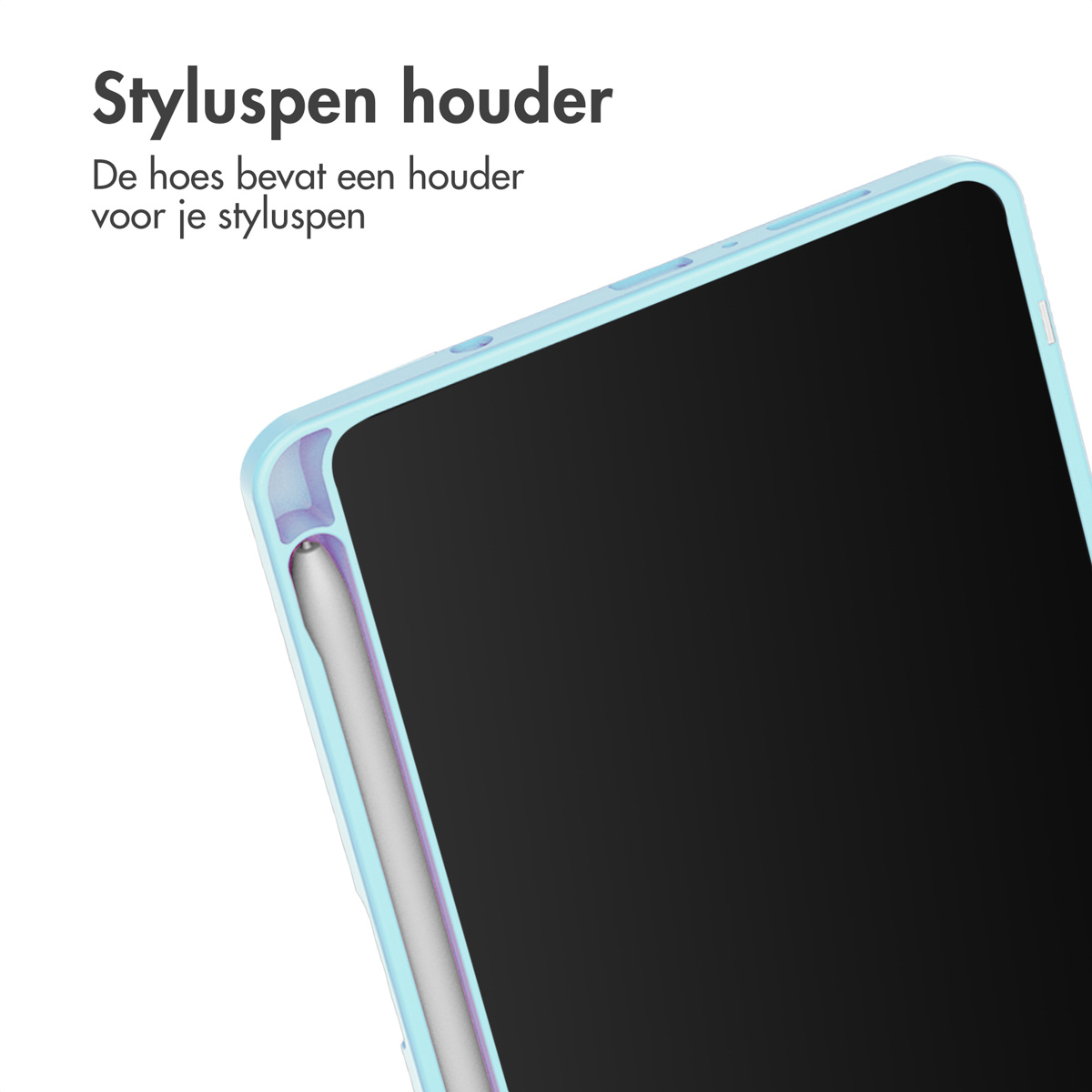 Tablet with blue case, close-up of stylus holder.