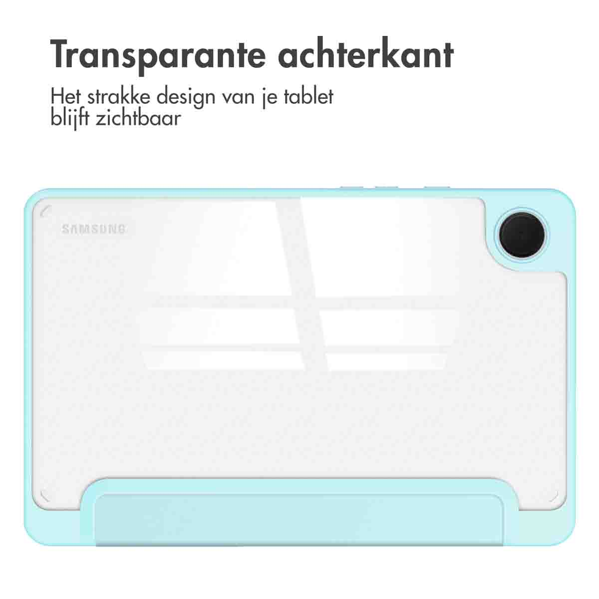 Blue tablet case with a transparent back. The tablet is visible.