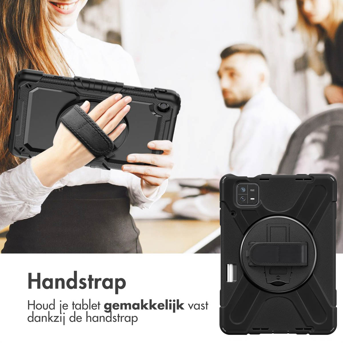 A person holding a black tablet with a hand strap.