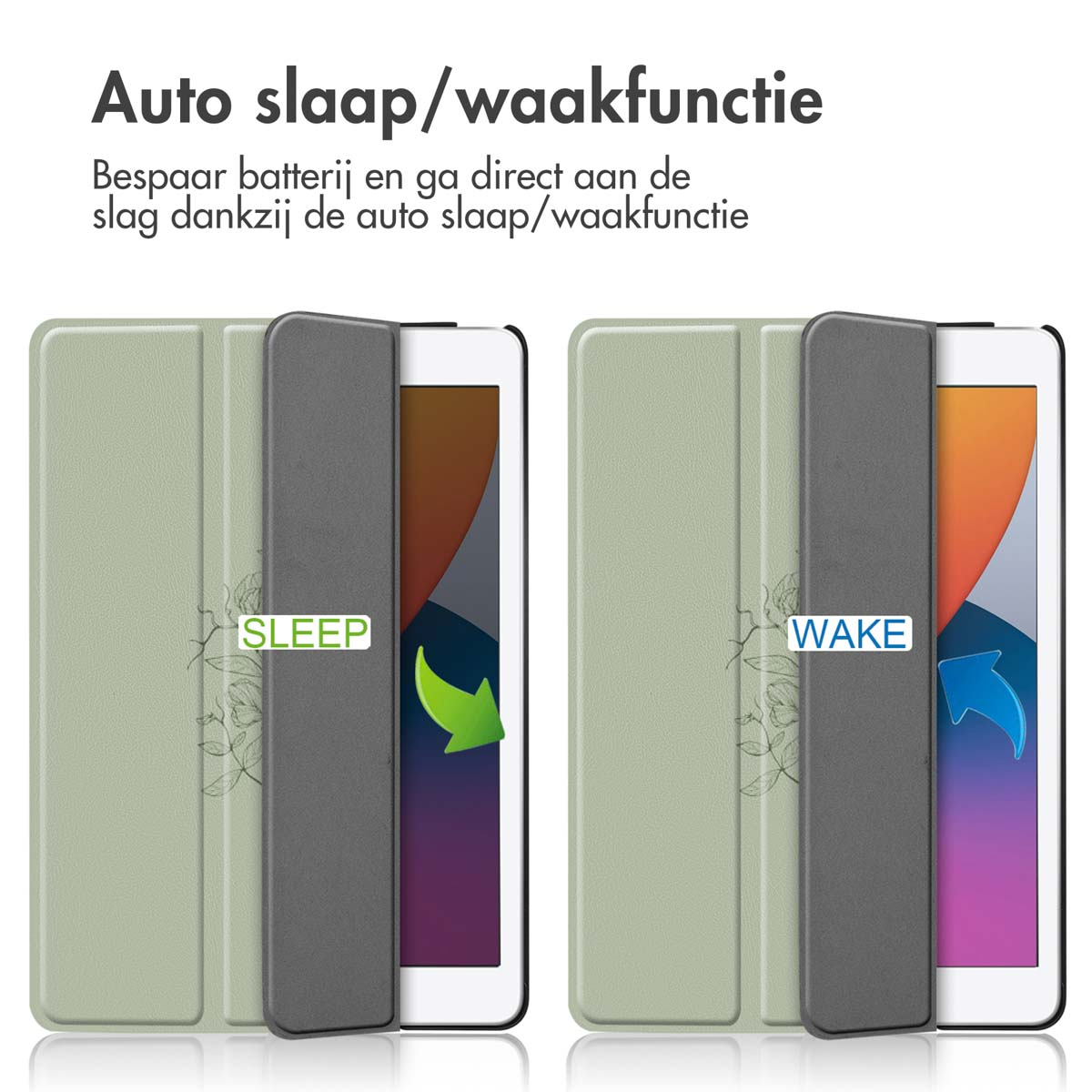 Two tablet cases, open and closed. One shows 'SLEEP', the other 'WAKE', with arrows indicating action.
