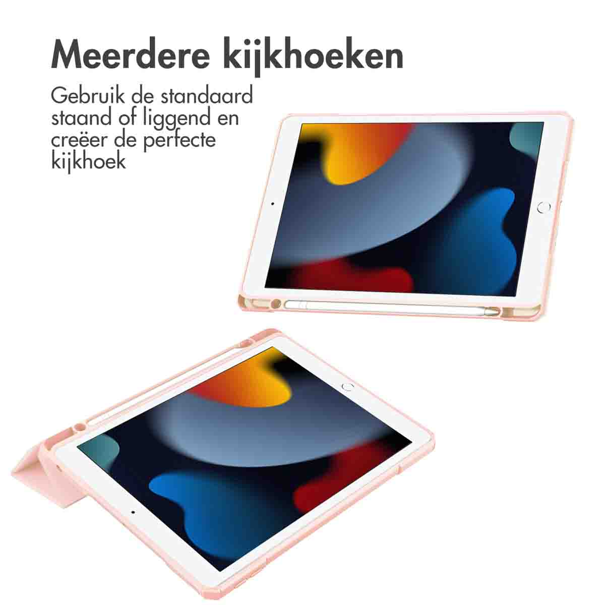 Two pink cased iPads are shown, one landscape and one angled. White background.