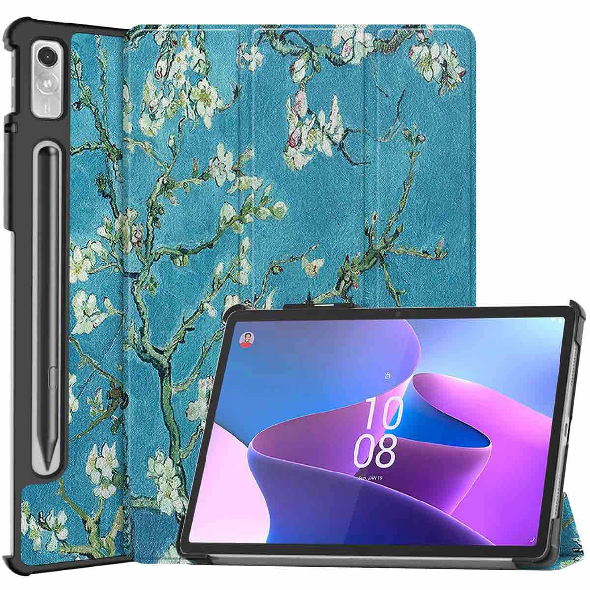 A tablet in a case with a floral design, standing up. The background is a blue case.