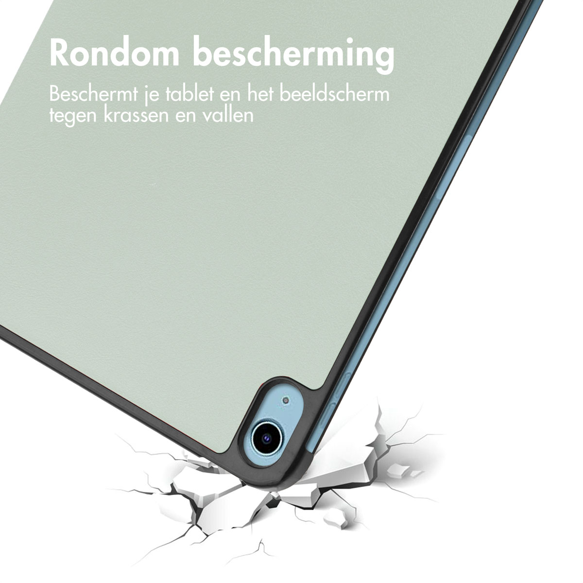 Un écran de tablette est affiché. L'étui est vert clair et la tablette est sur une surface, qui se fissure.