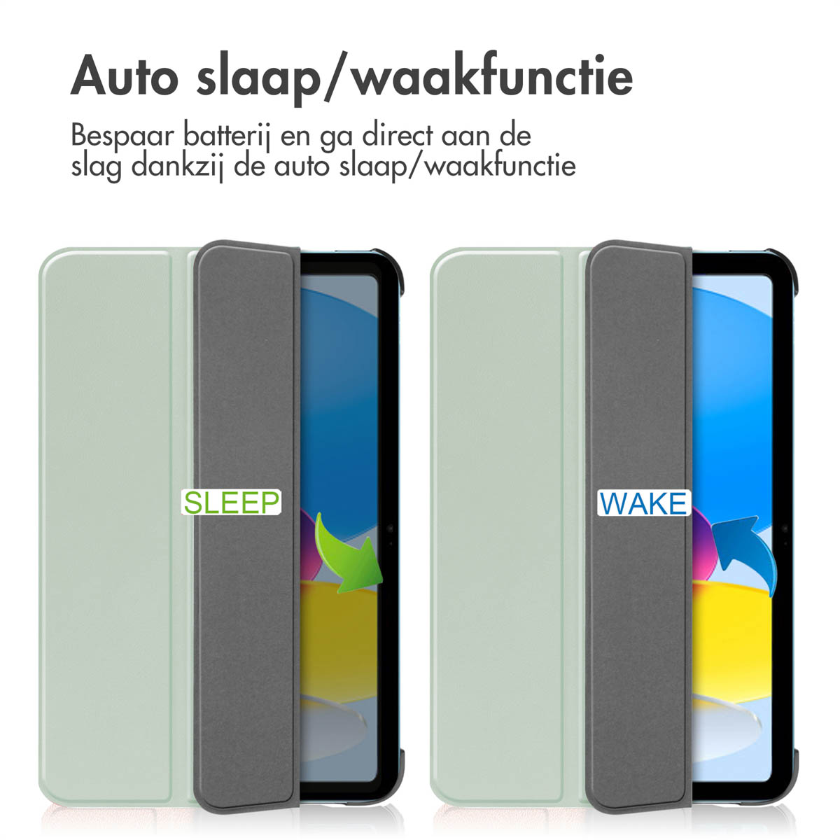 Twee telefoonhoesjes open om de telefoon binnenin te onthullen. De ene zegt slapen, de andere wakker.