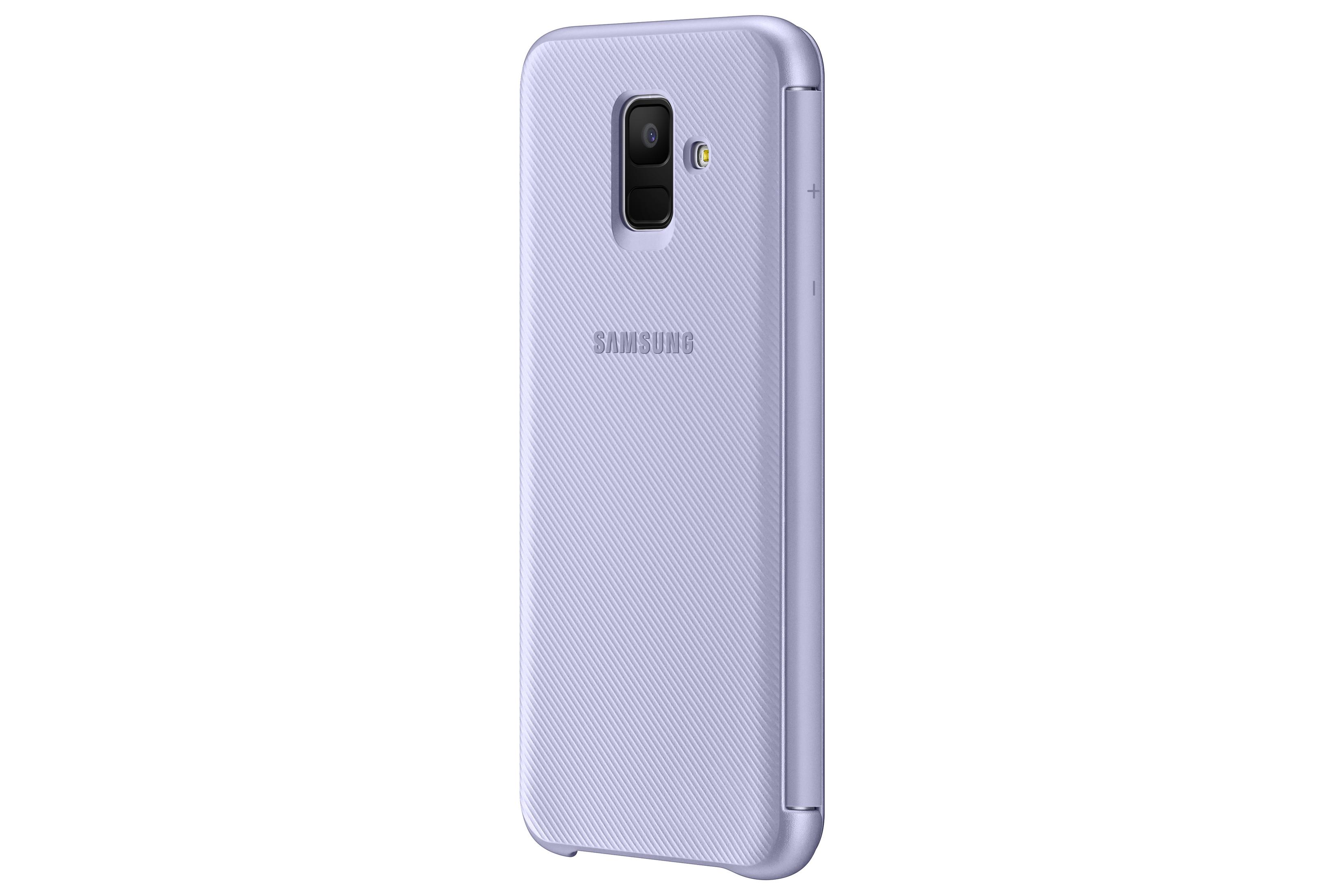 Una custodia per telefono viola. La custodia ha un logo Samsung.