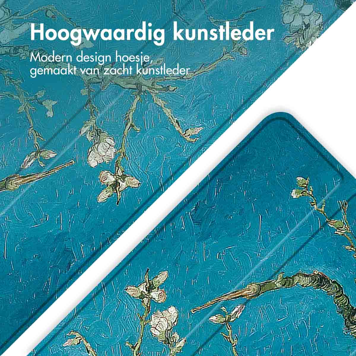 Tablet case with a floral design. Teal background. The case is open.