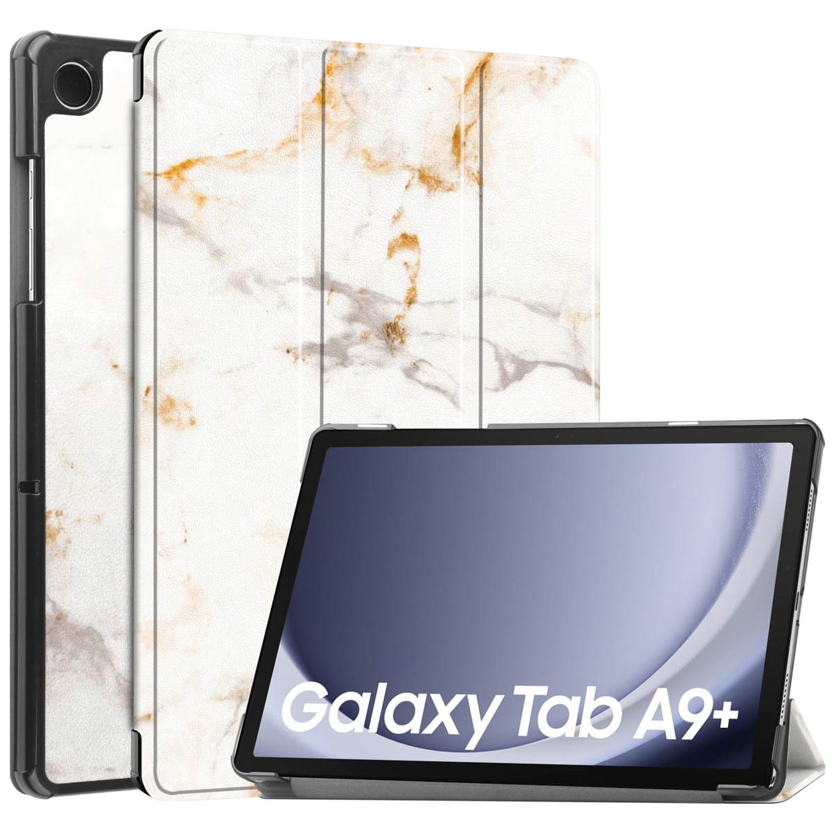 Tablet in witte marmerpatroon hoes. Hoes heeft standfunctie. De tablet tonen.