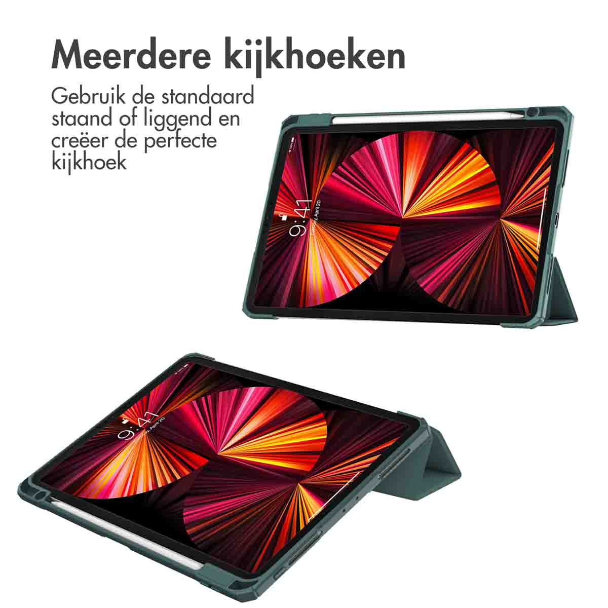 Two tablets in cases are shown. Both have a stand function. One is green, the other shows a colorful screen.