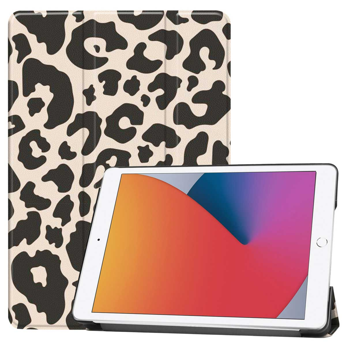 Un tablet in una custodia con stampa leopardata, con la custodia aperta e il tablet visibile.