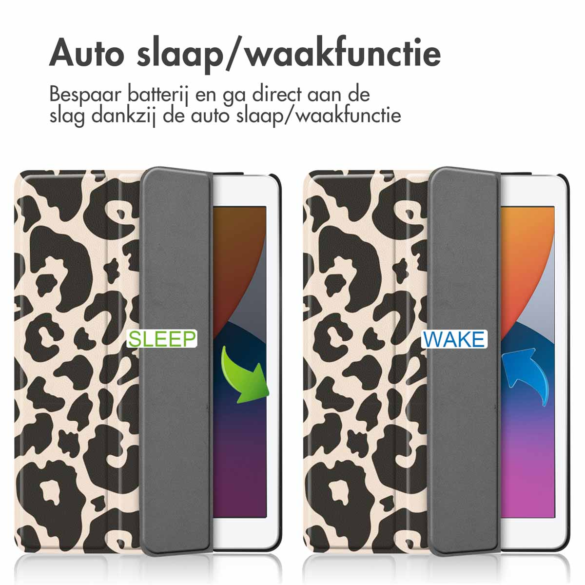 Due custodie per tablet con stampa leopardata. Una dice 'SLEEP', l'altra 'WAKE'.