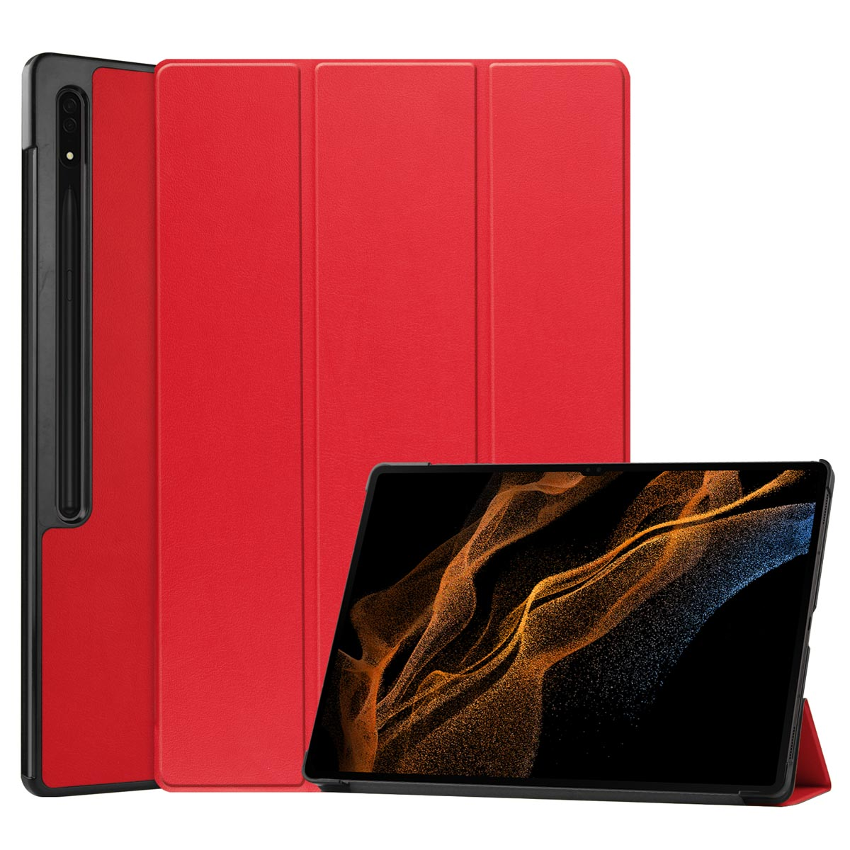 A red tablet case with a red interior, and a tablet with a black screen.