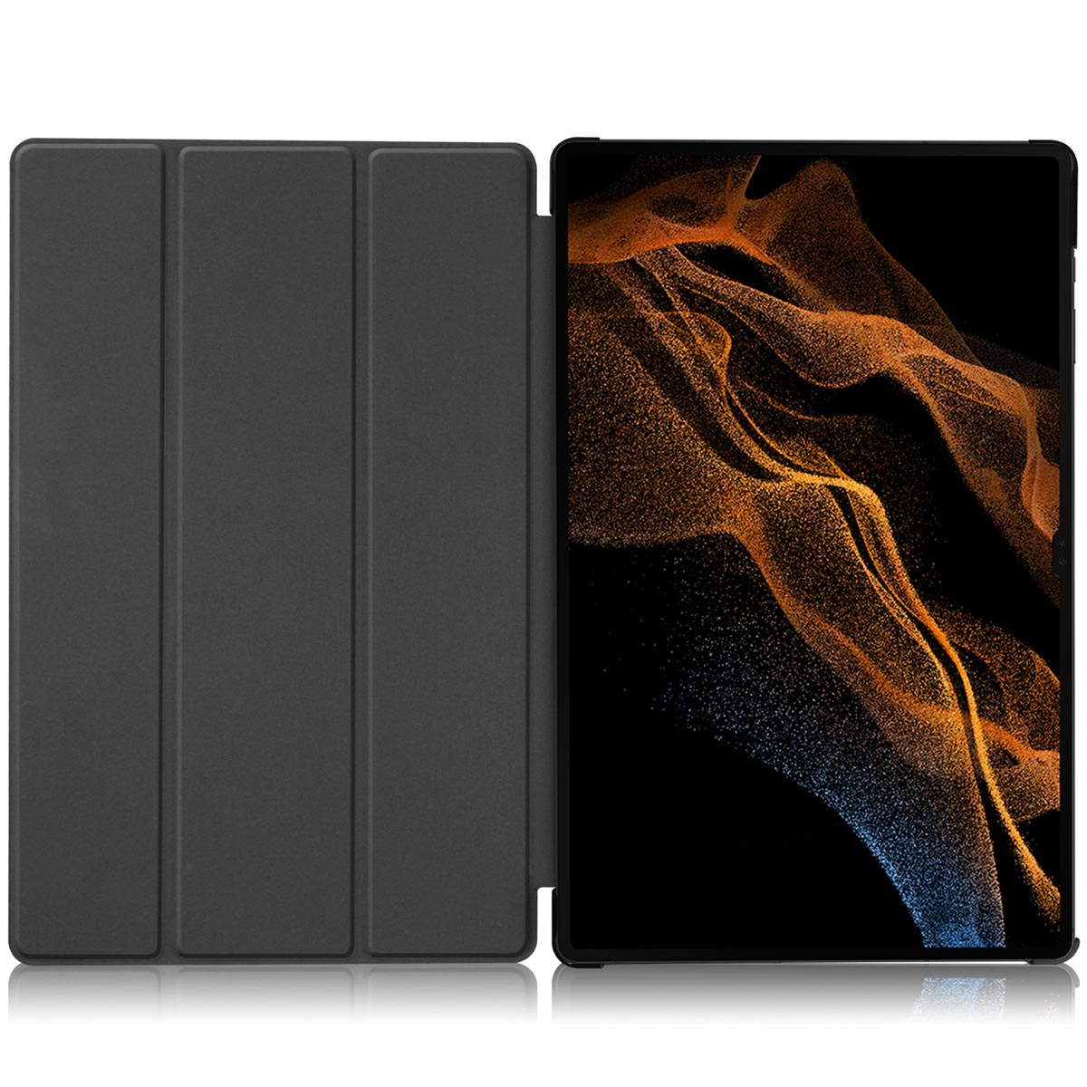 Étui de tablette noir, fermé, montrant le couvercle avant. La tablette n'est pas visible.