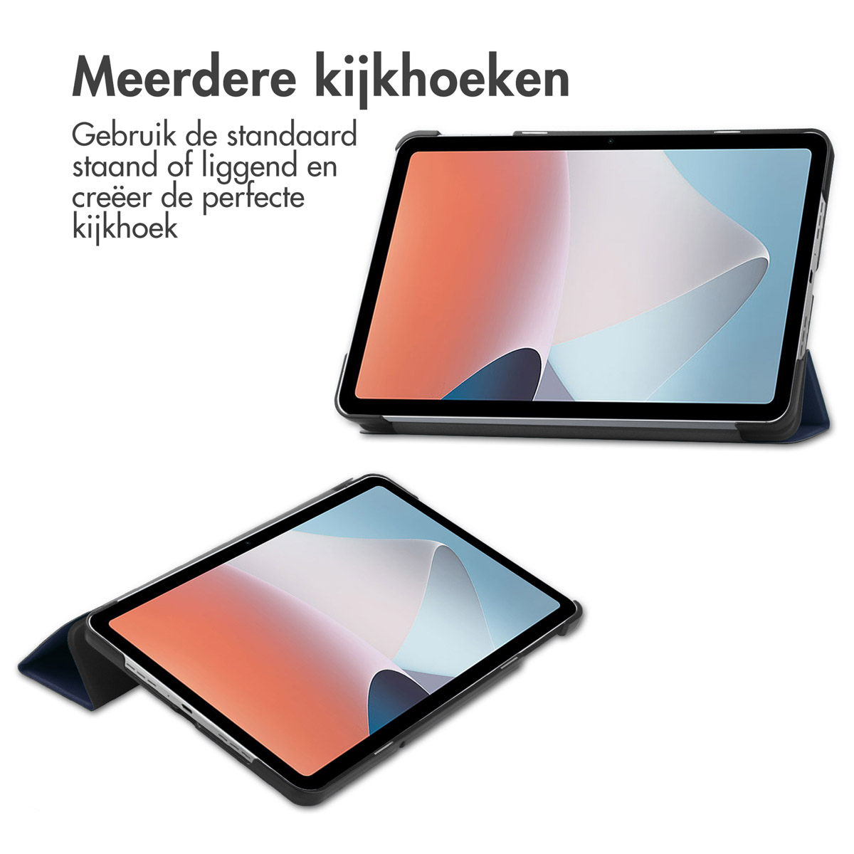 Twee tablets in een zwarte hoes, in verschillende posities, met zwarte hoes en blauwe achtergrond.