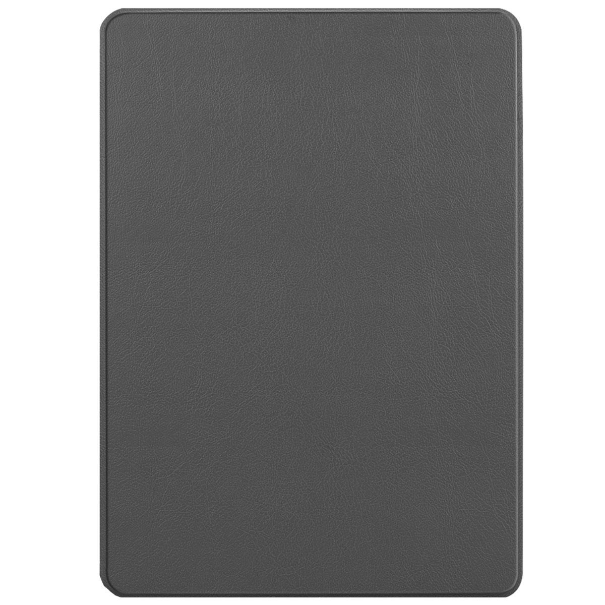 A closed, dark gray tablet case with a leather-like texture.