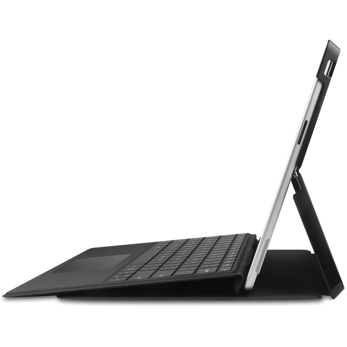 Zijaanzicht van een tablet in zwarte hoes met aangesloten toetsenbord op witte achtergrond.