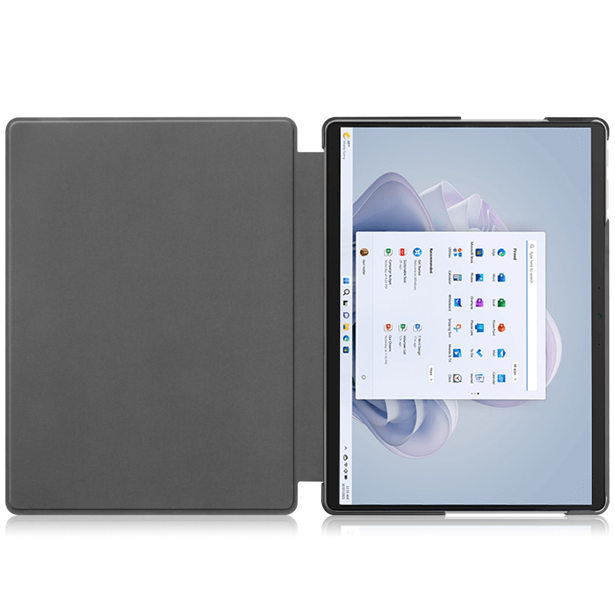 Tablet with a gray case, open, with a Windows interface displayed on screen.