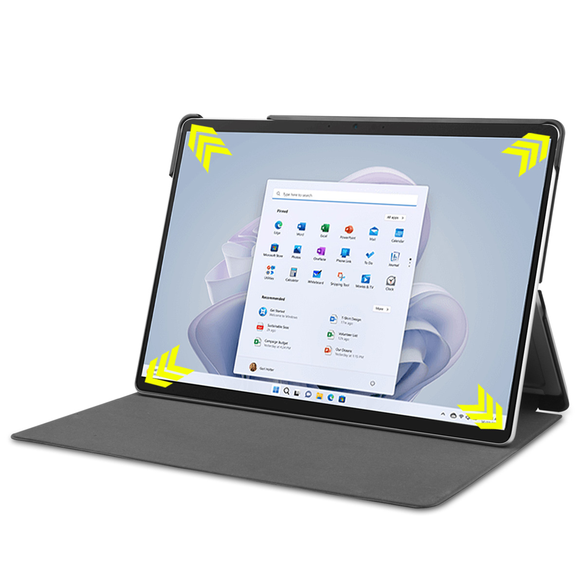 Tablet with a Windows interface open, on a table.