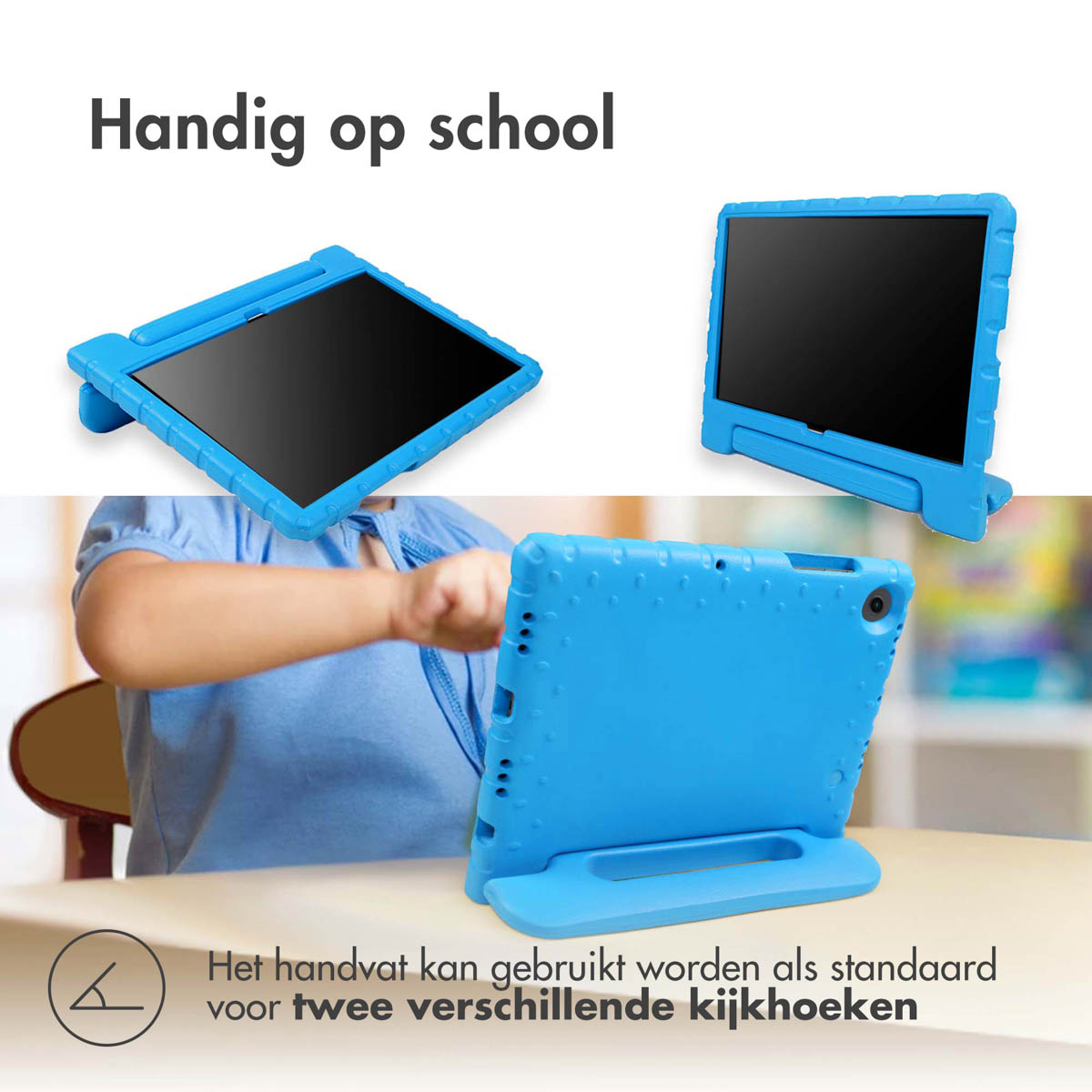 Drie aanzichten van een blauwe tablethoes, met een tablet erin, op een tafel.