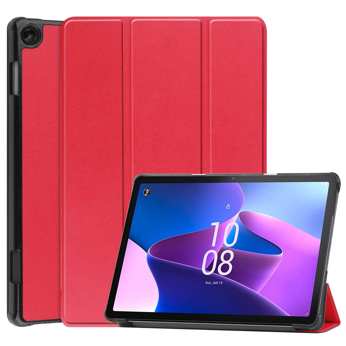 Red tablet case with a tablet inside. The tablet displays an image with the date and time on the screen.