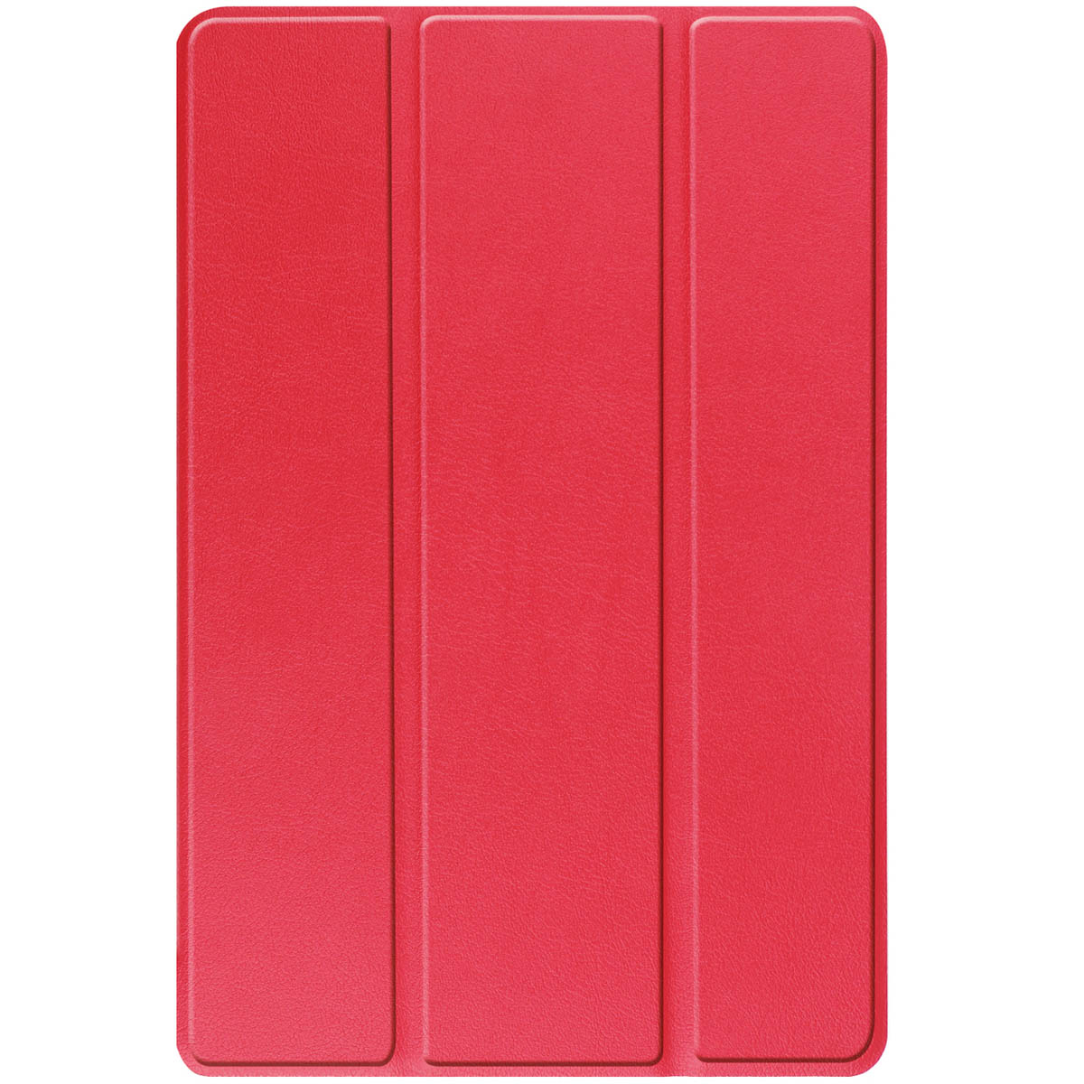 A closed red tablet case is shown. It has a smooth texture and is divided into three sections.