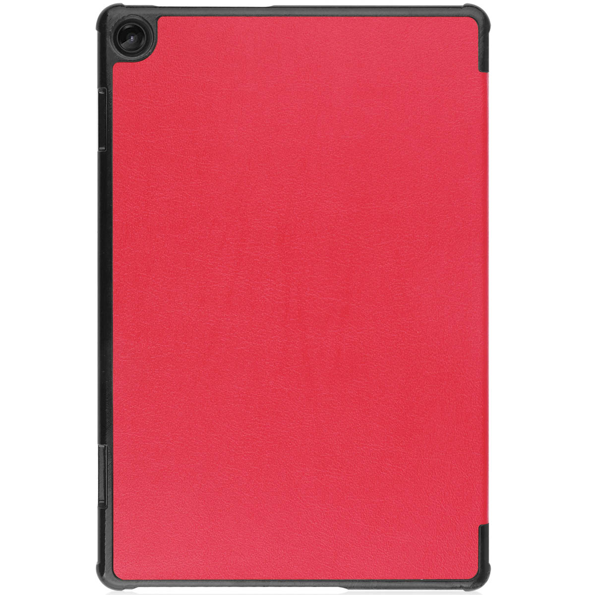 A red tablet case. It has a black frame and a camera hole.