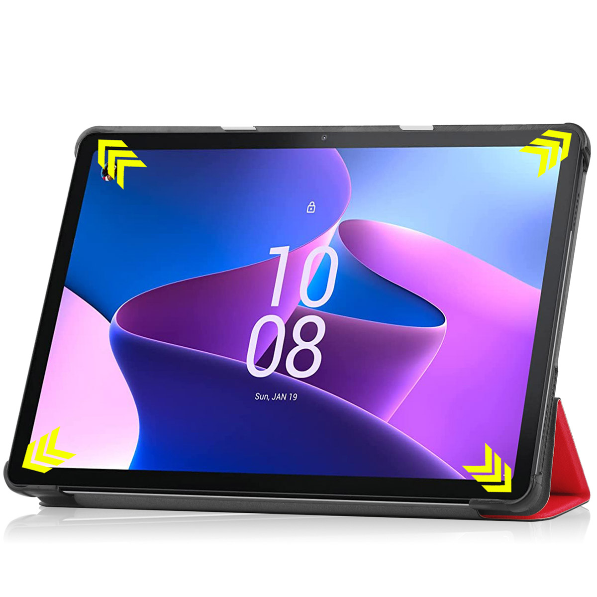 A tablet in a case, with the screen on and the date displayed. Yellow arrows pointing to corners.