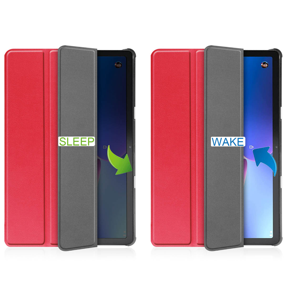 Tablet with red cover, open to show the screen, with sleep and wake labels on it.