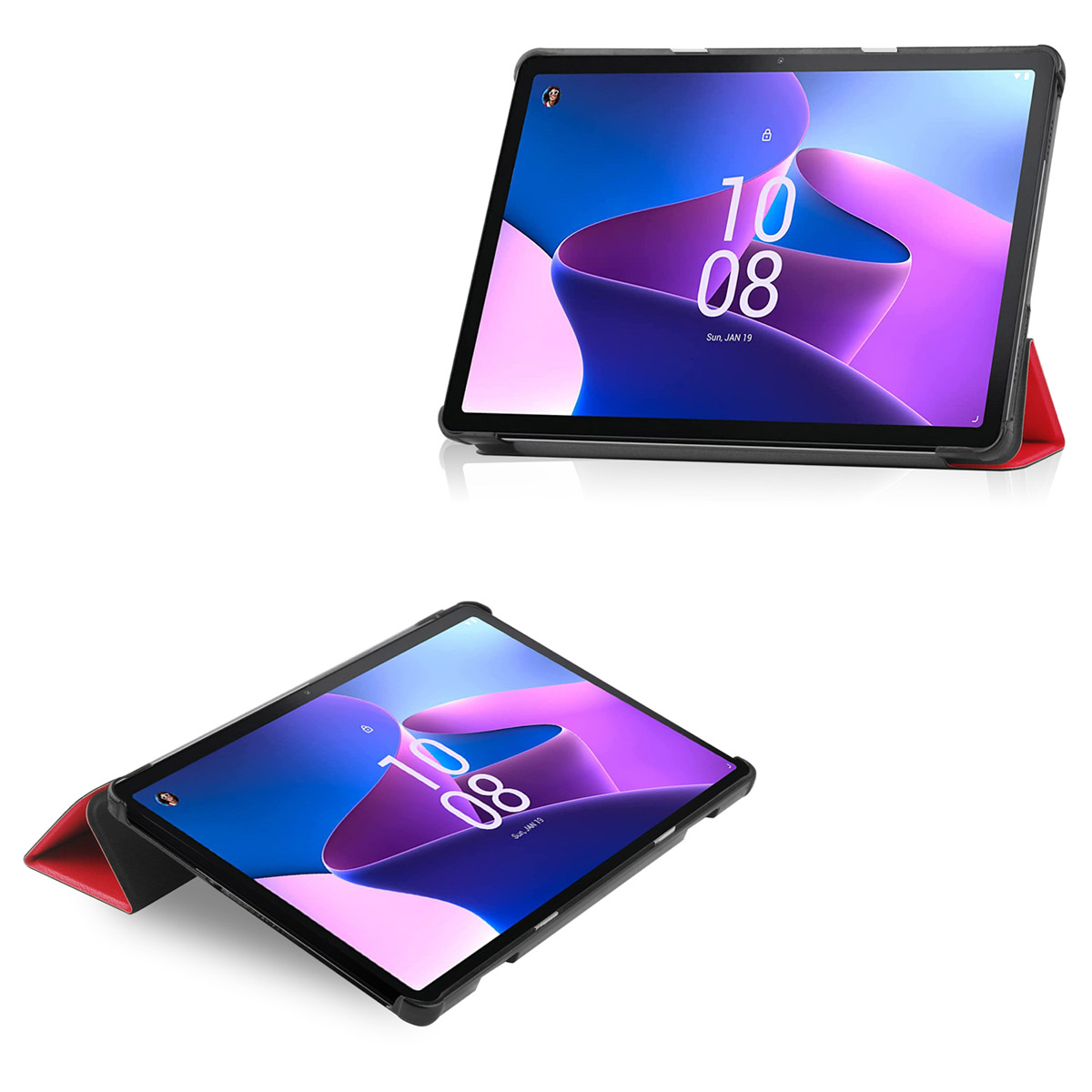 Tablets with black cases and colorful displays. The tablet has a red case. The screen shows time and date.