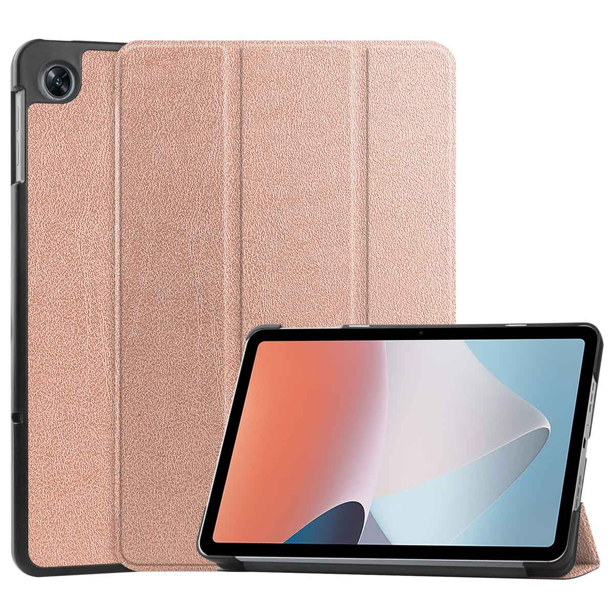 A tablet case with a rose gold texture, and a tablet with a black screen and a stand.