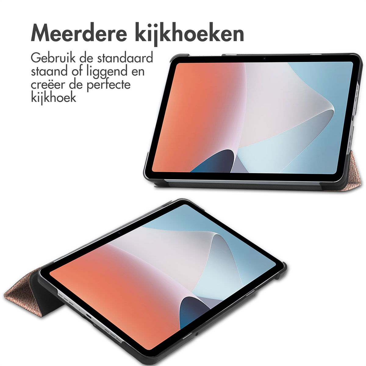 Tablets in protective cases. One is propped up, the other lying flat. Both in black cases.