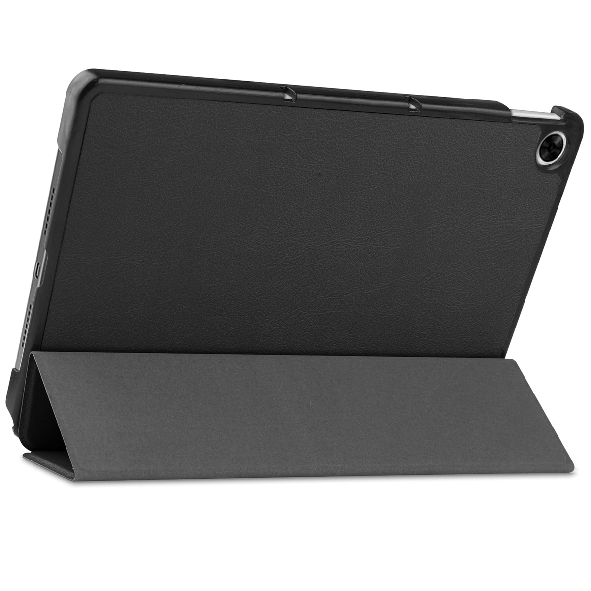 Black tablet case, stand function, dark grey stand, camera visible.