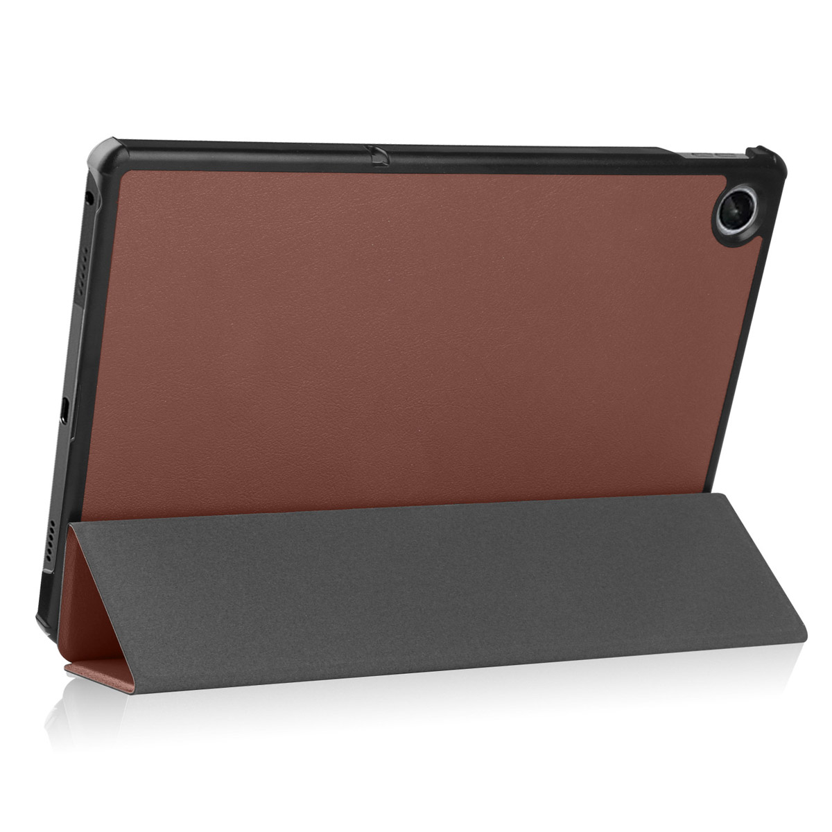 Een tablet zit in een hoesje en staat rechtop. De hoes is bruin en grijs. Het tabletscherm is zichtbaar.