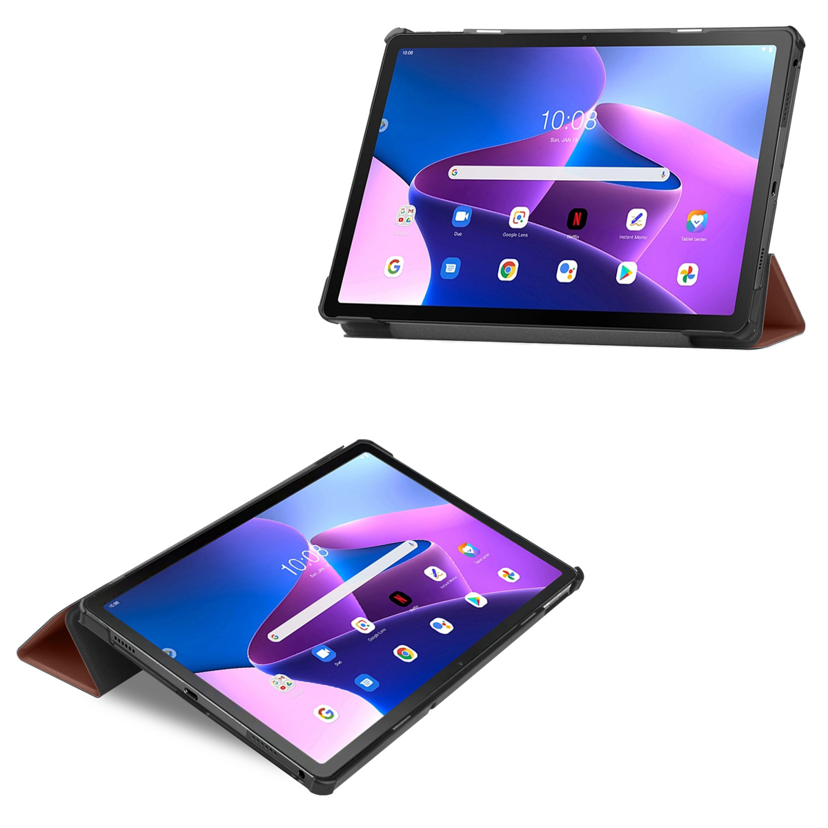 Tablet met scherm dat de tijd weergeeft. De hoes is zwart en bruin. De tablet ligt op een witte ondergrond.