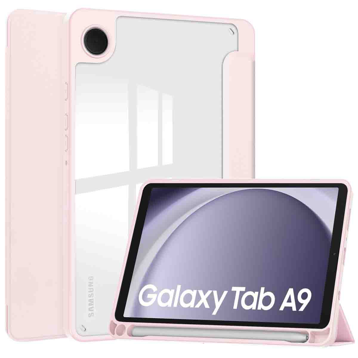 Pink tablet case with a tablet inside. The case is open, showing the screen.