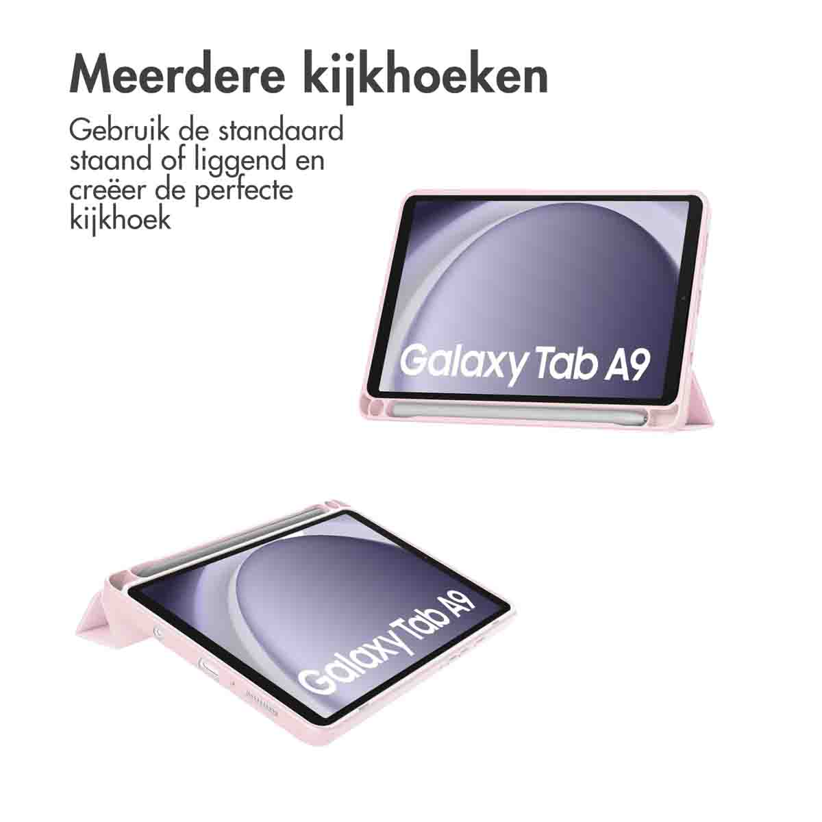 Two tablets with a pink case. Both are on a white surface. Text indicates multiple viewing angles.