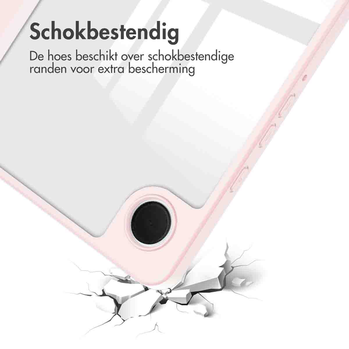 A pink tablet case is shown with a crack. The edges are shock resistant. The tablet is not present.