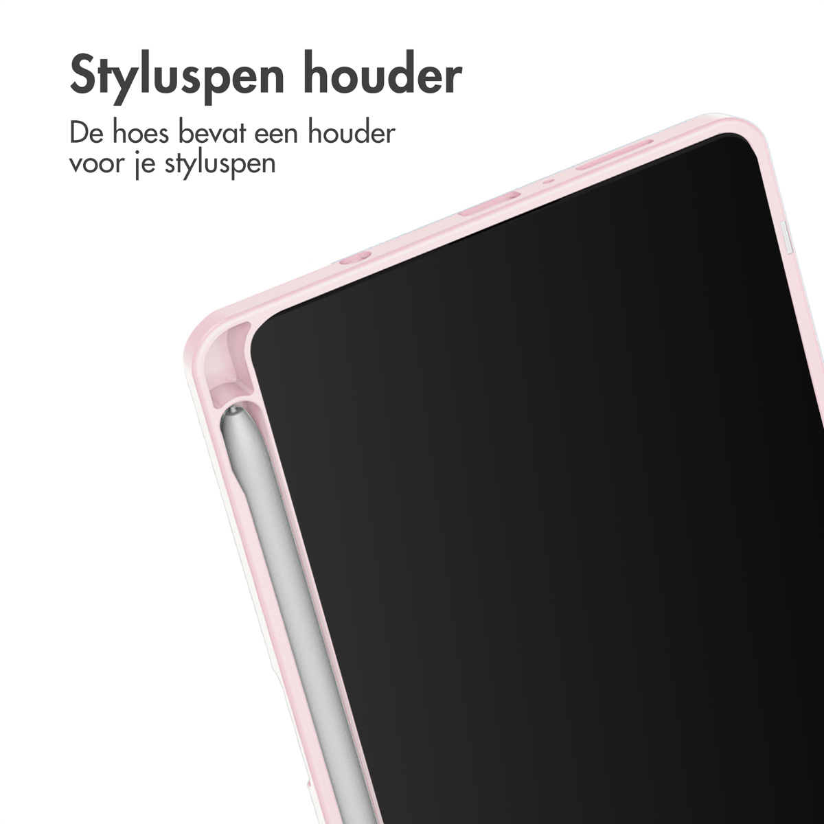 Pink tablet case with a stylus pen inside. The tablet has a black screen.