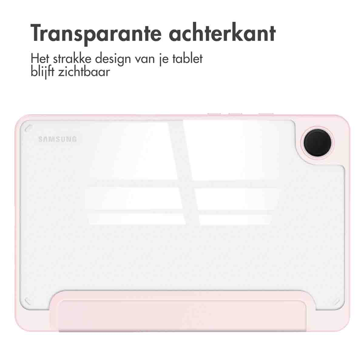 A pink tablet case with a transparent back. The Samsung logo is visible.