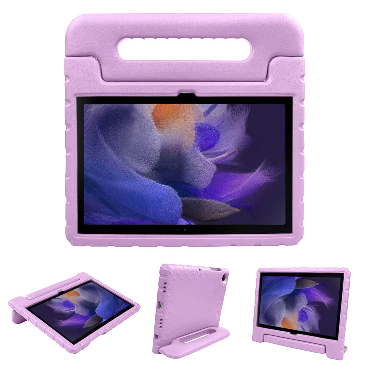 Paarse tablethoes met handvat, met een tablet. Verschillende hoeken getoond.