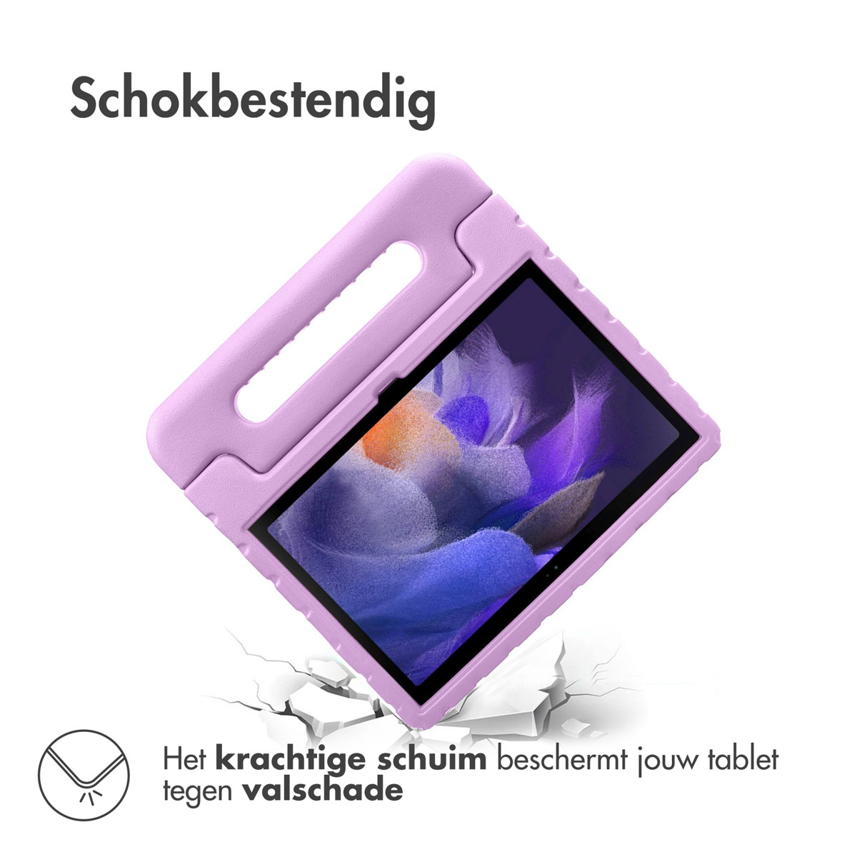 Roze tablethoes met handvat. De tablet ligt tegen een gebarsten oppervlak. Tekst zegt 'Schokbestendig'.