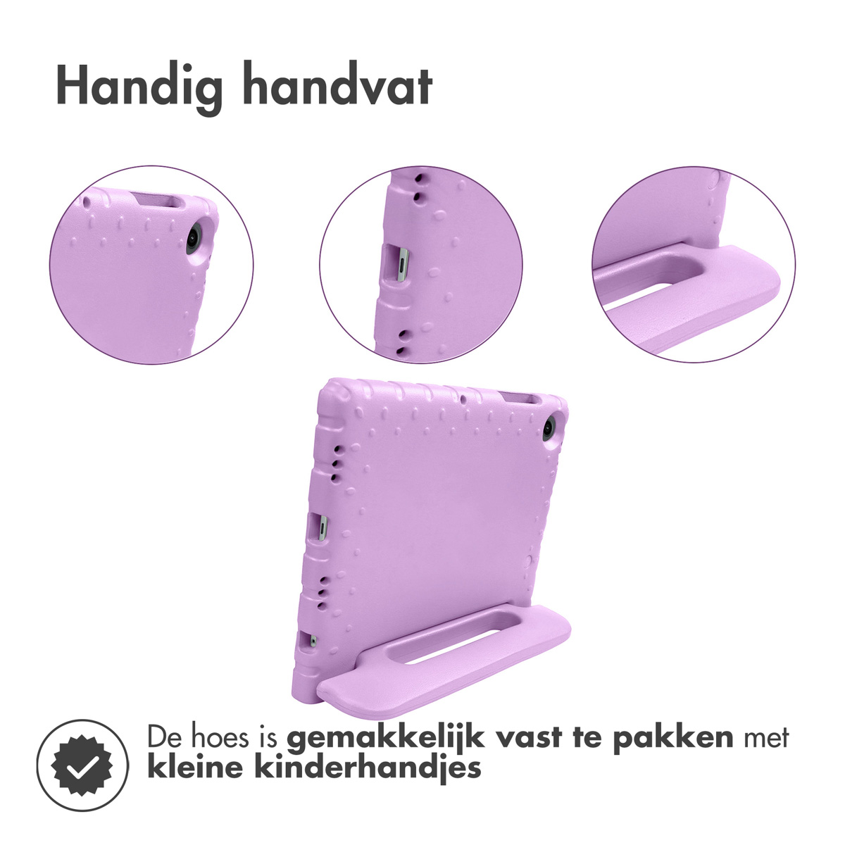 Paarse tablethoes met een handvat. Close-ups van poorten en details. Ontworpen voor kleine handen.