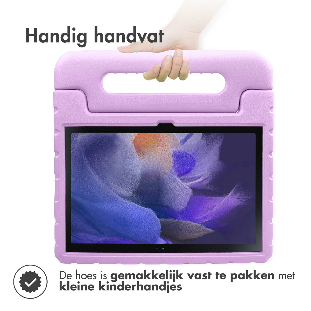 Paarse tablet case met een handvat, een tablet vasthoudend. Achtergrond is wit.