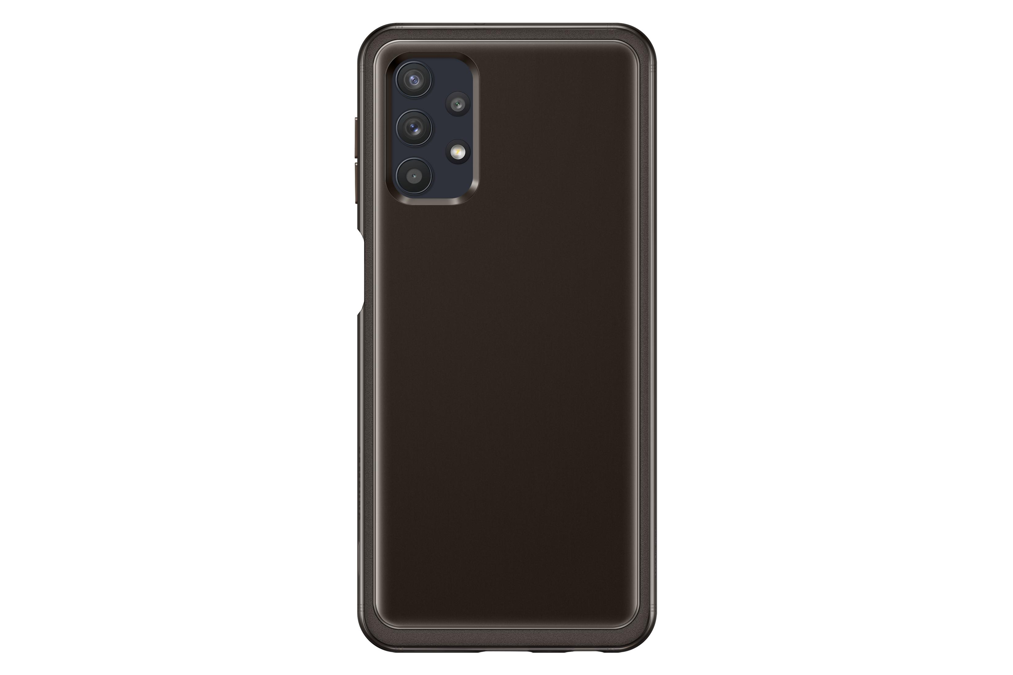 Funda negra para teléfono. La parte trasera del teléfono tiene tres cámaras. Fondo blanco.
