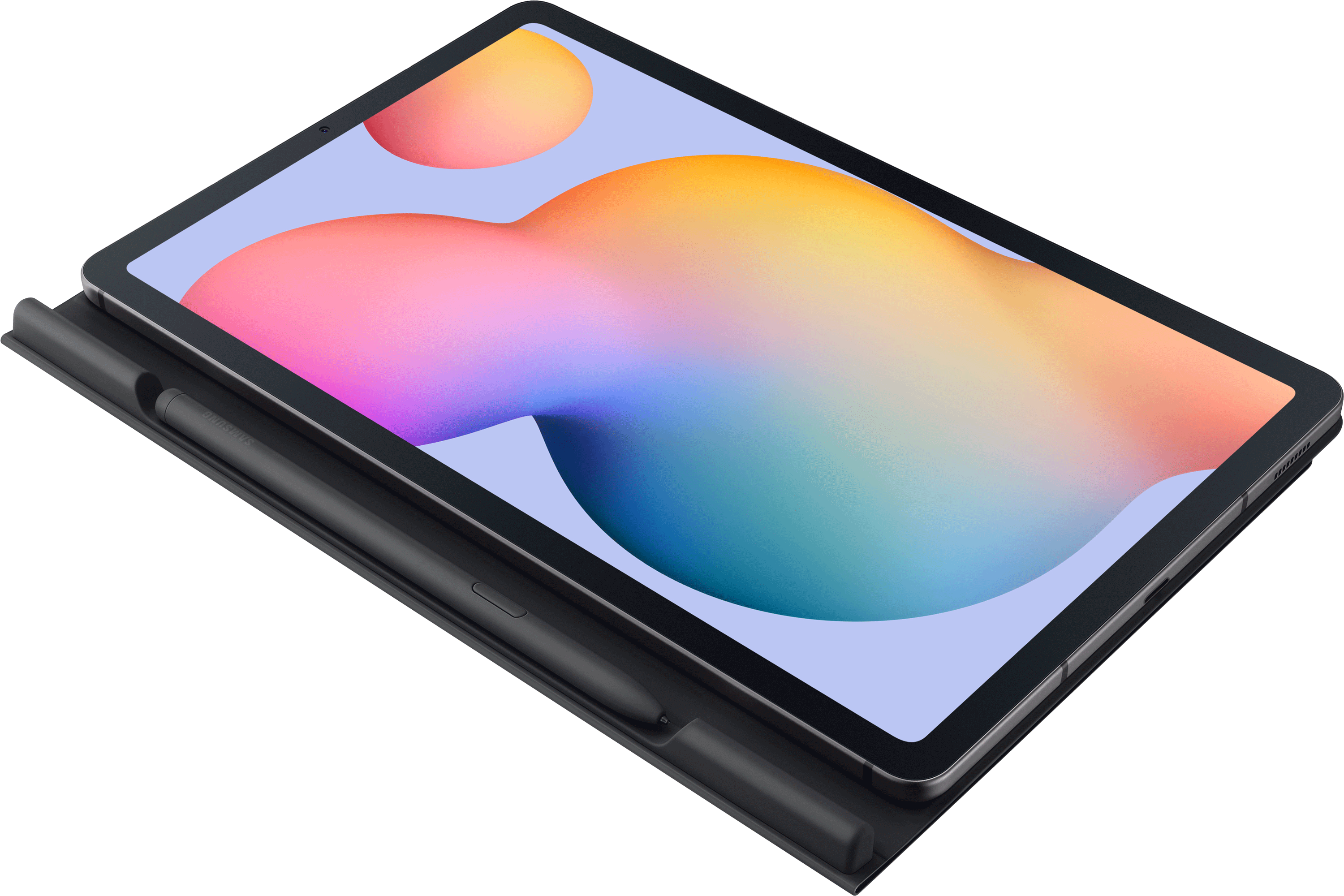 Tablette avec étui et stylet noirs. L'écran est allumé, affichant l'interface.