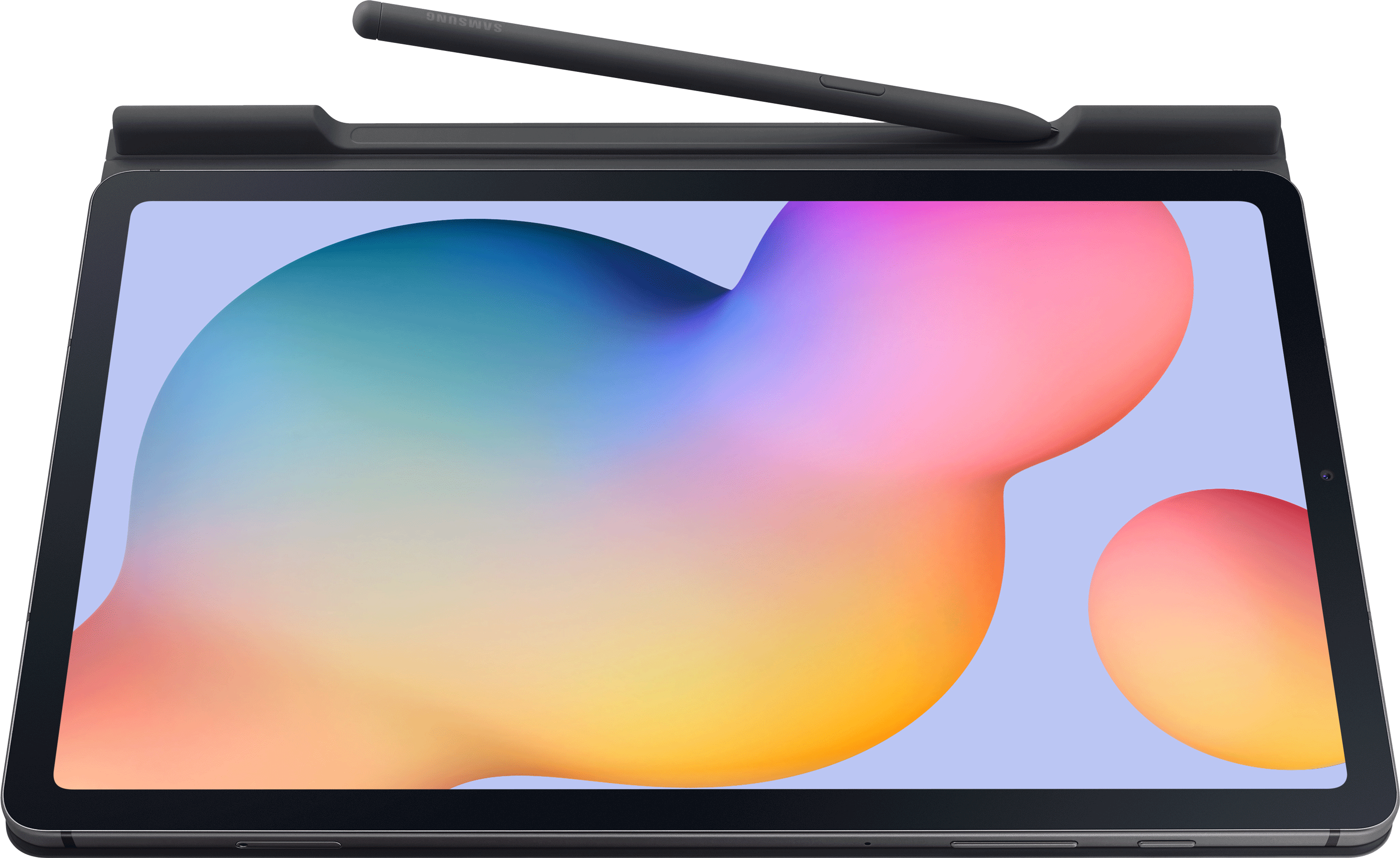 Tablette noire avec un stylet dessus, affichant un design abstrait coloré.