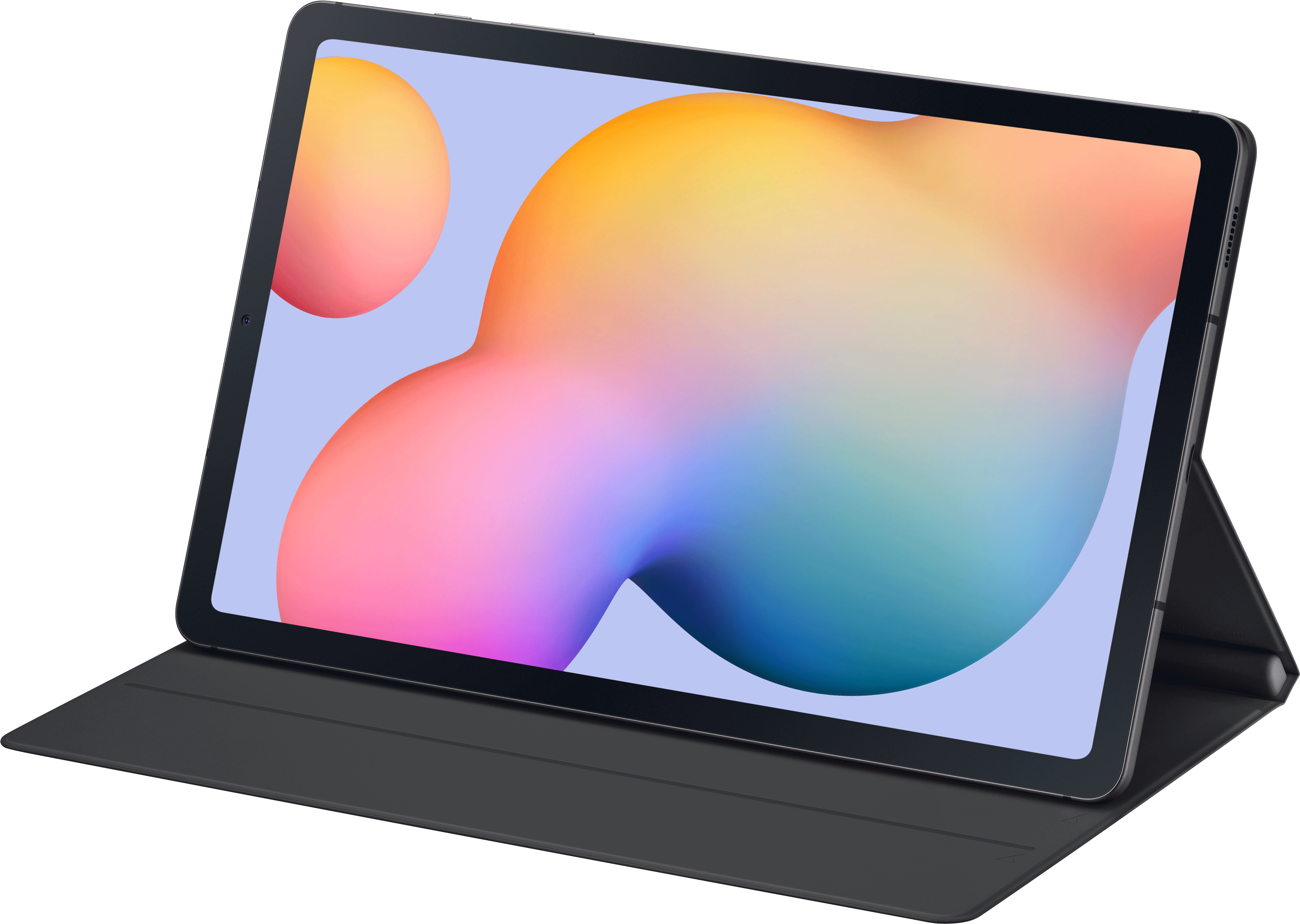 Une tablette dans un étui noir, sur fond blanc. L'écran affiche une image abstraite colorée.