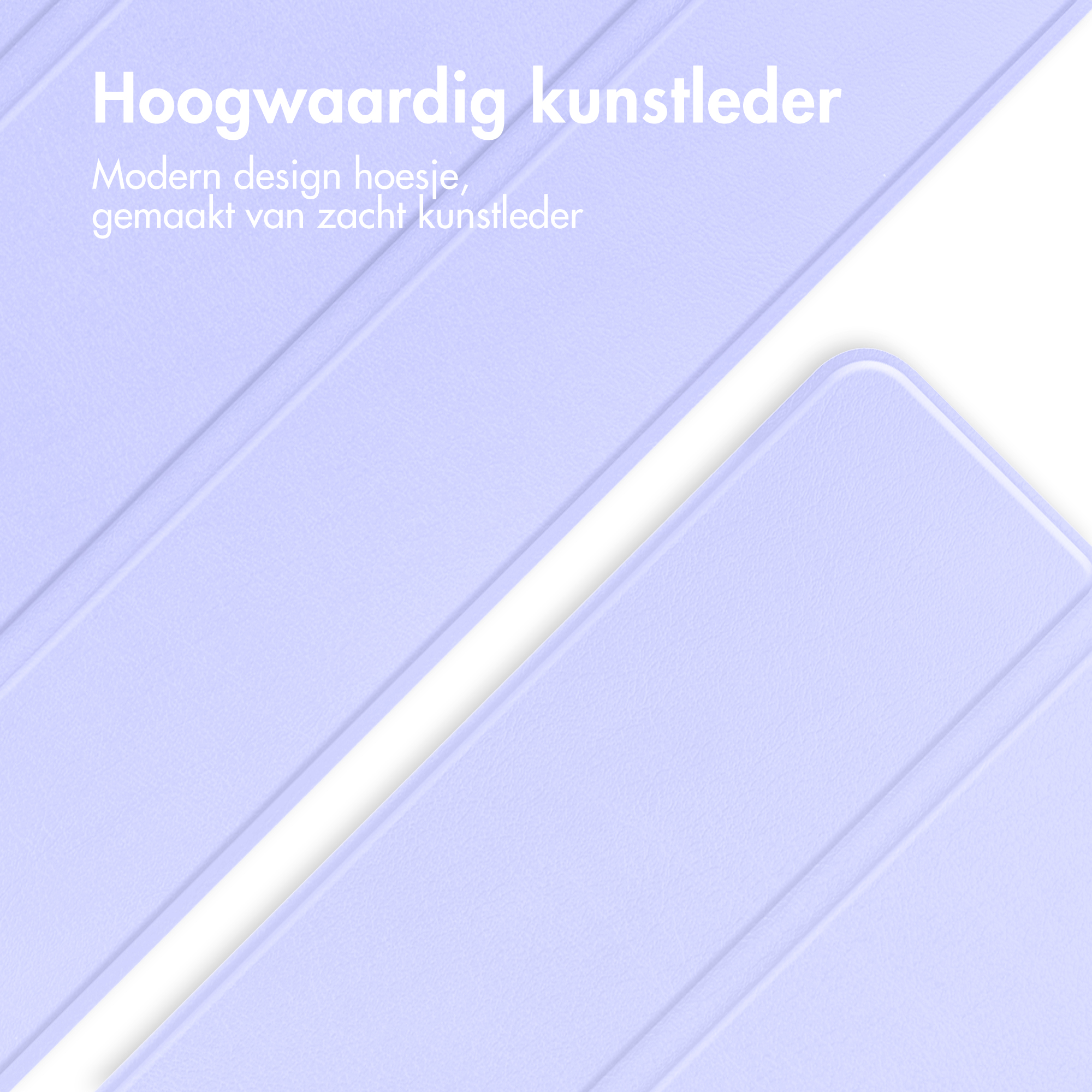 Gros plan sur un étui de téléphone violet clair. Texte : Cuir synthétique de haute qualité.